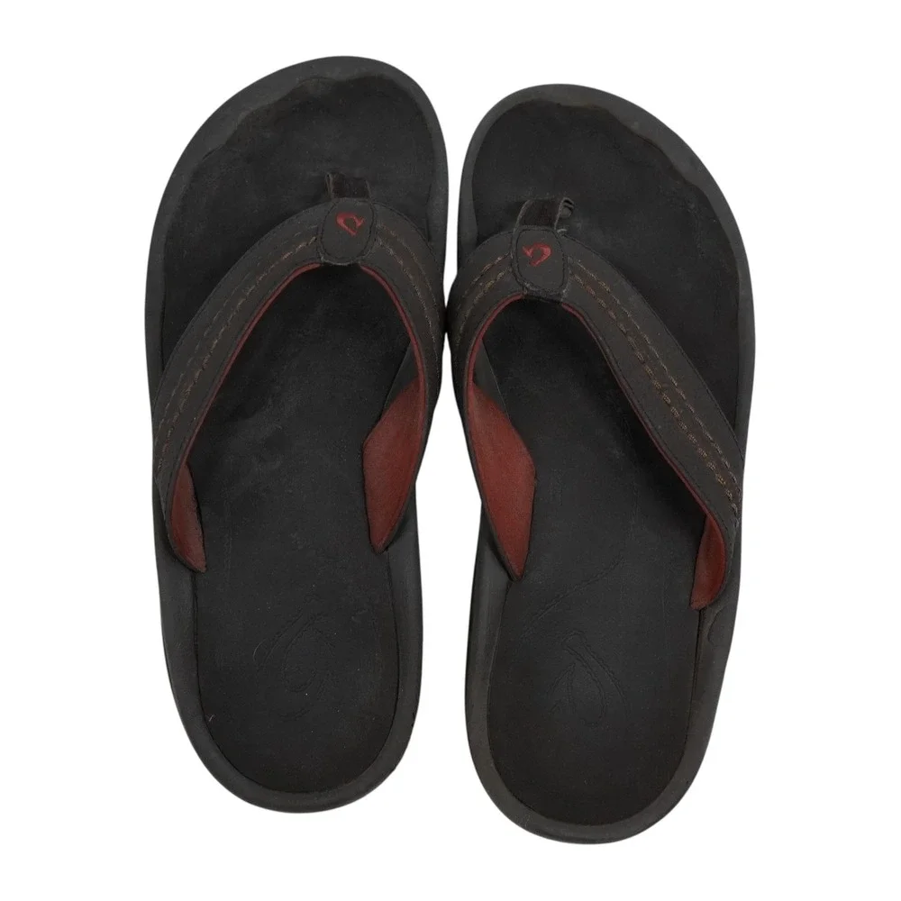 OluKai Ohana Flip Flops Mens 12 Dark Java Brown Beach Comfort Logo Sandals